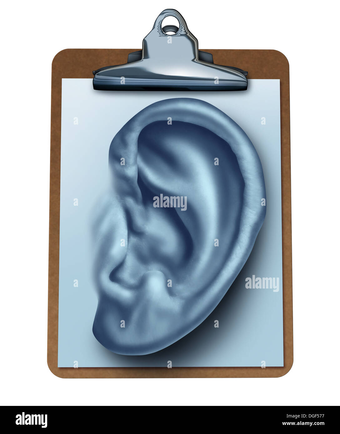 Sondaggio per i clienti business concept come un ufficio appunti con una nota di carta nella forma di un orecchio umano come una metafora per ascoltare il parere del client e il feedback di soddisfazione riscontrato nelle recensioni e valutazioni di servizio isolato su bianco. Foto Stock