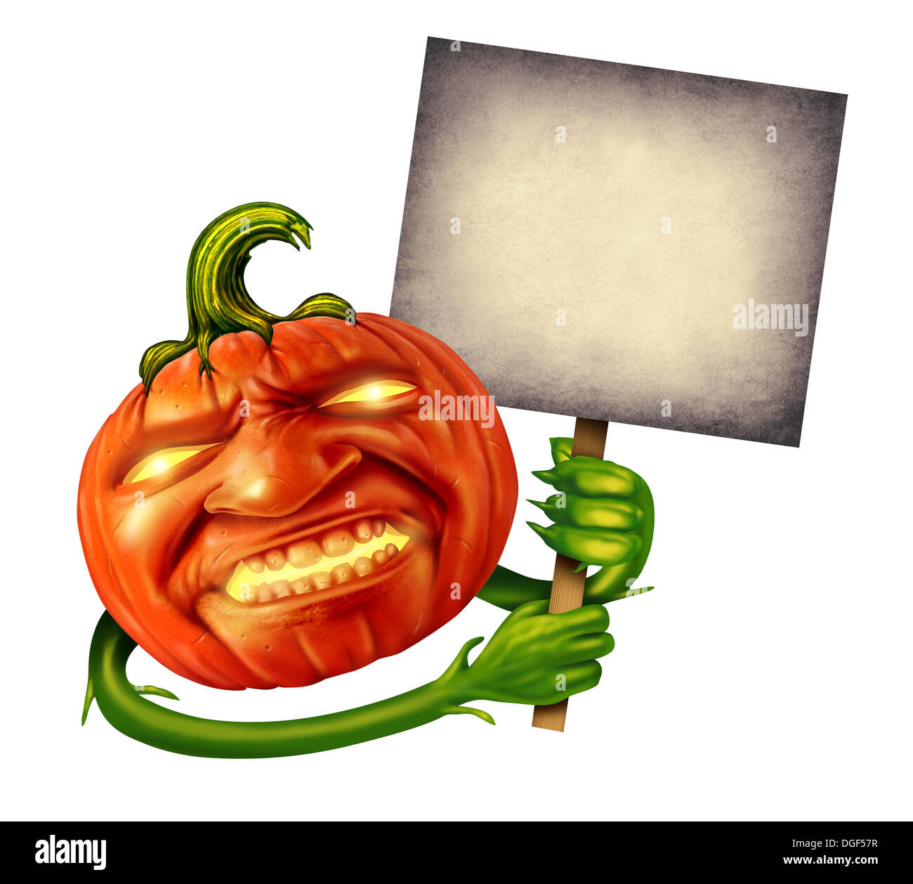 Testa di zucca carattere con espressione umana e pianta verde mani tenendo un vecchio grunge banner vuoto segno come un jack o lantern Halloween messaggio con un espressione spaventoso durante l autunno su uno sfondo bianco. Foto Stock