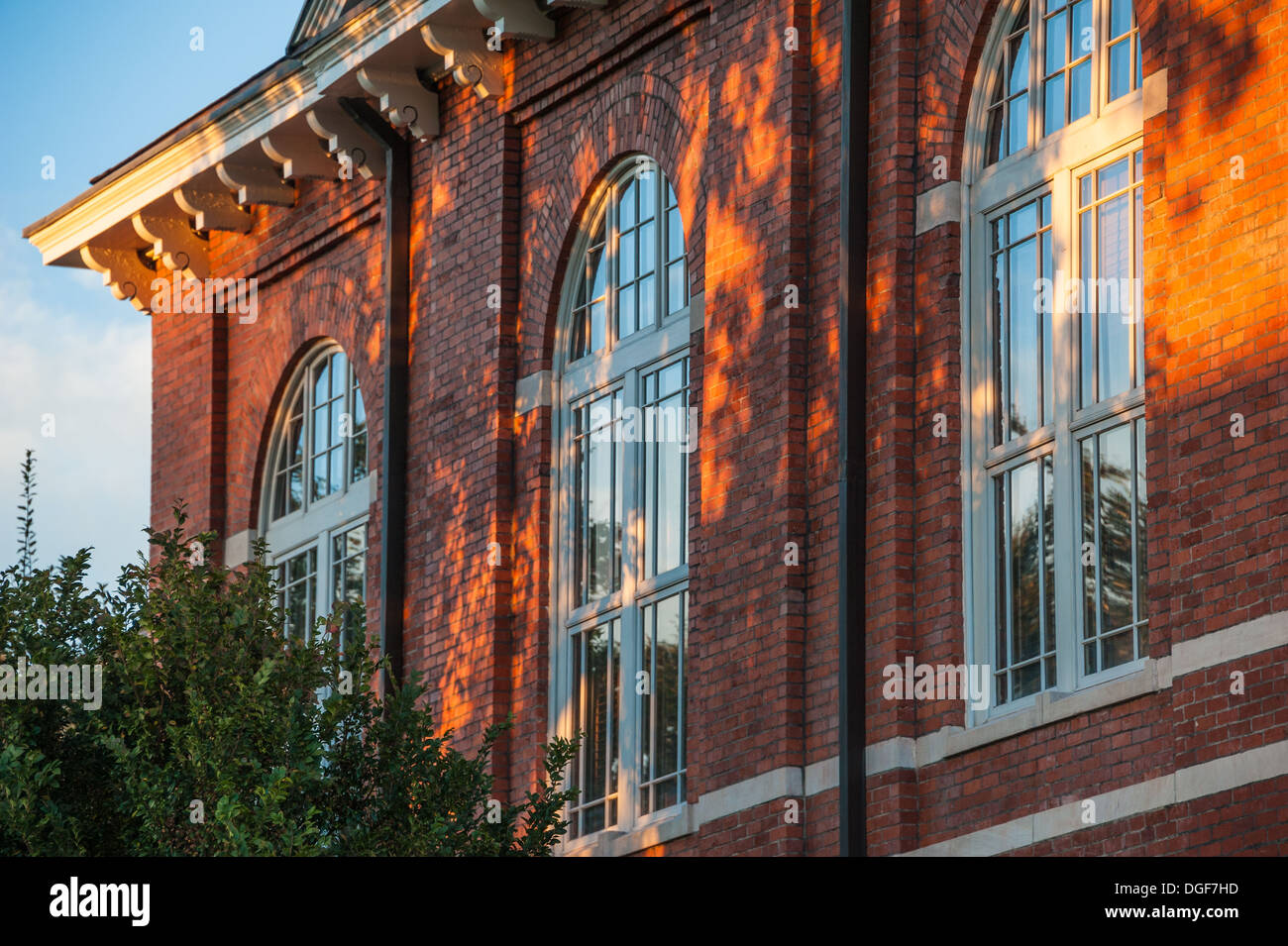 La luce del sole dappata dipinge i mattoni e le finestre del Gwinnett Historic Courthouse del 1885 a Lawrenceville, Georgia, vicino ad Atlanta. (USA) Foto Stock