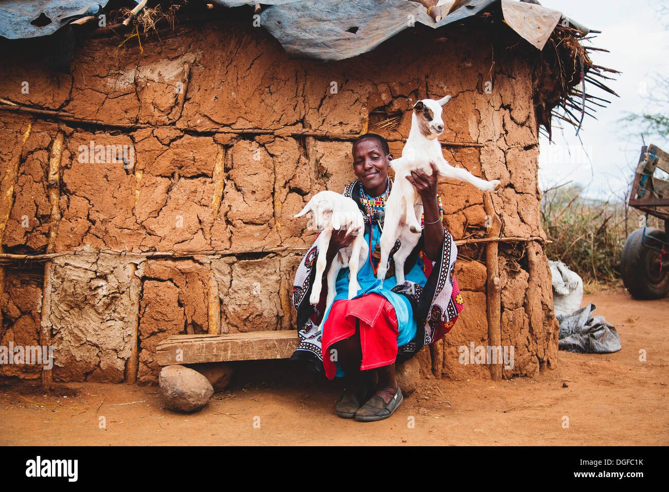 Masai Donna & capre nel villaggio Masai Kenya Foto Stock