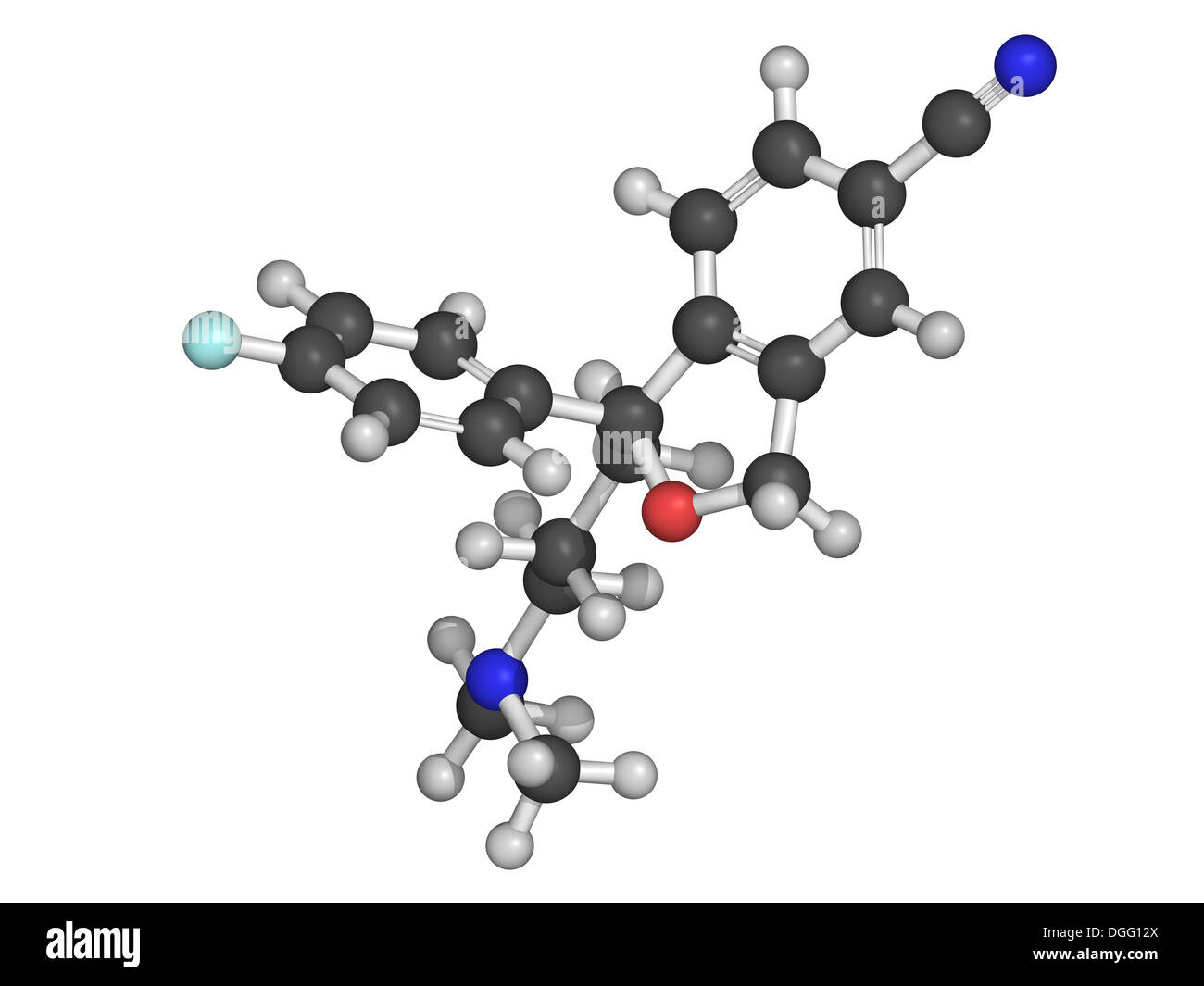 Escitalopram farmaco antidepressivo SSRI (classe), struttura chimica, un inibitore selettivo della ricaptazione della serotonina Foto Stock