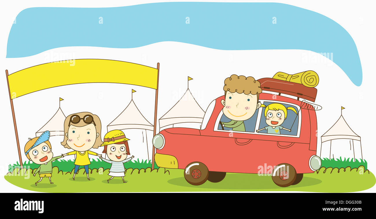Una illustrazione di una famiglia campeggio Foto Stock