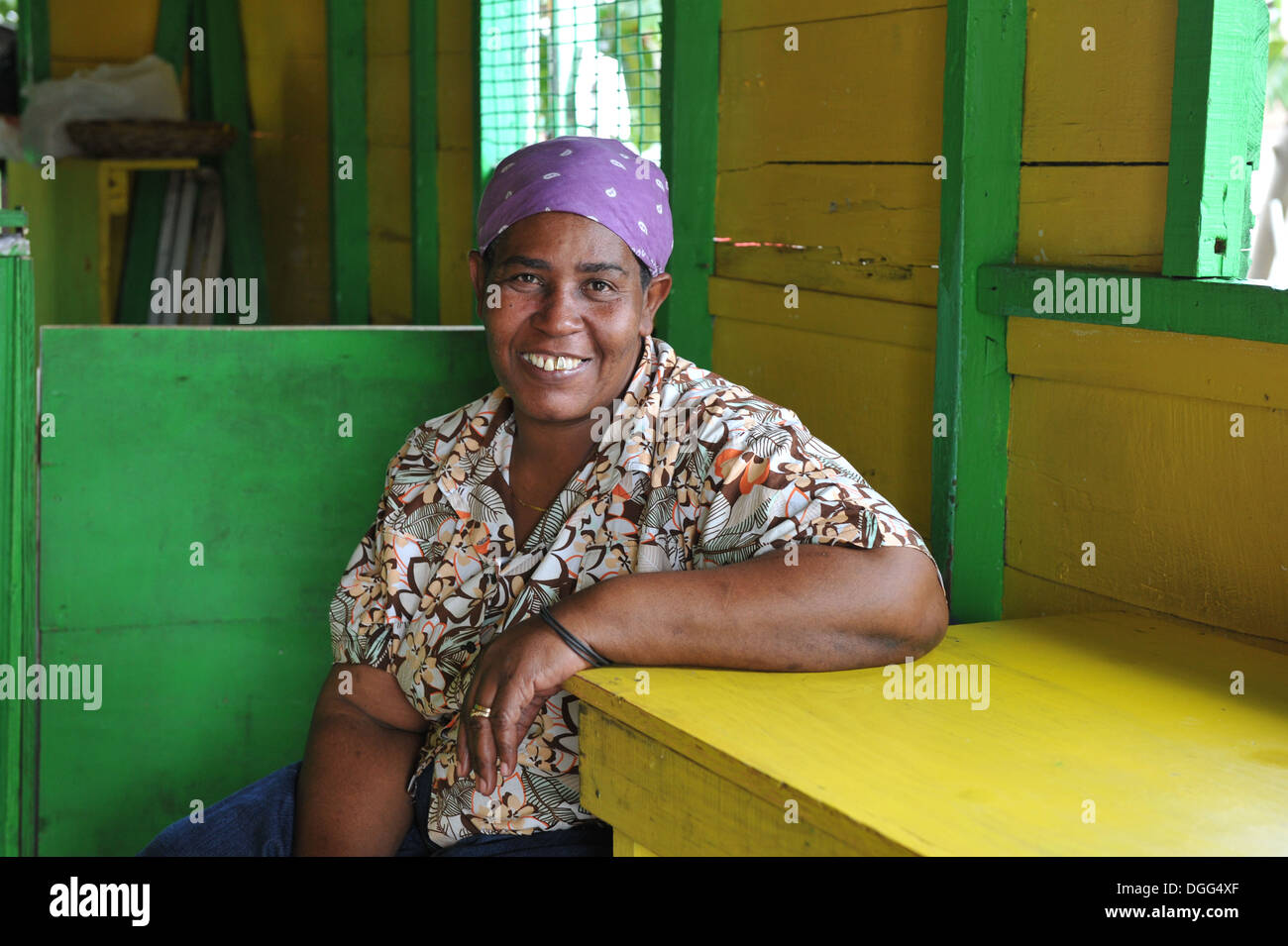 West Indian, donna afro-caraibica, negoziante nel villaggio di Gros ingresso, St.Lucia, dei Caraibi Foto Stock