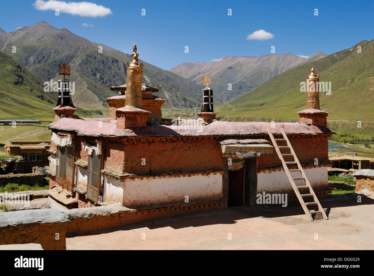 Golden Roof torrette, Taglung Monastero, Taklung Yarthang Monastero, Tibet, Cina e Asia Foto Stock