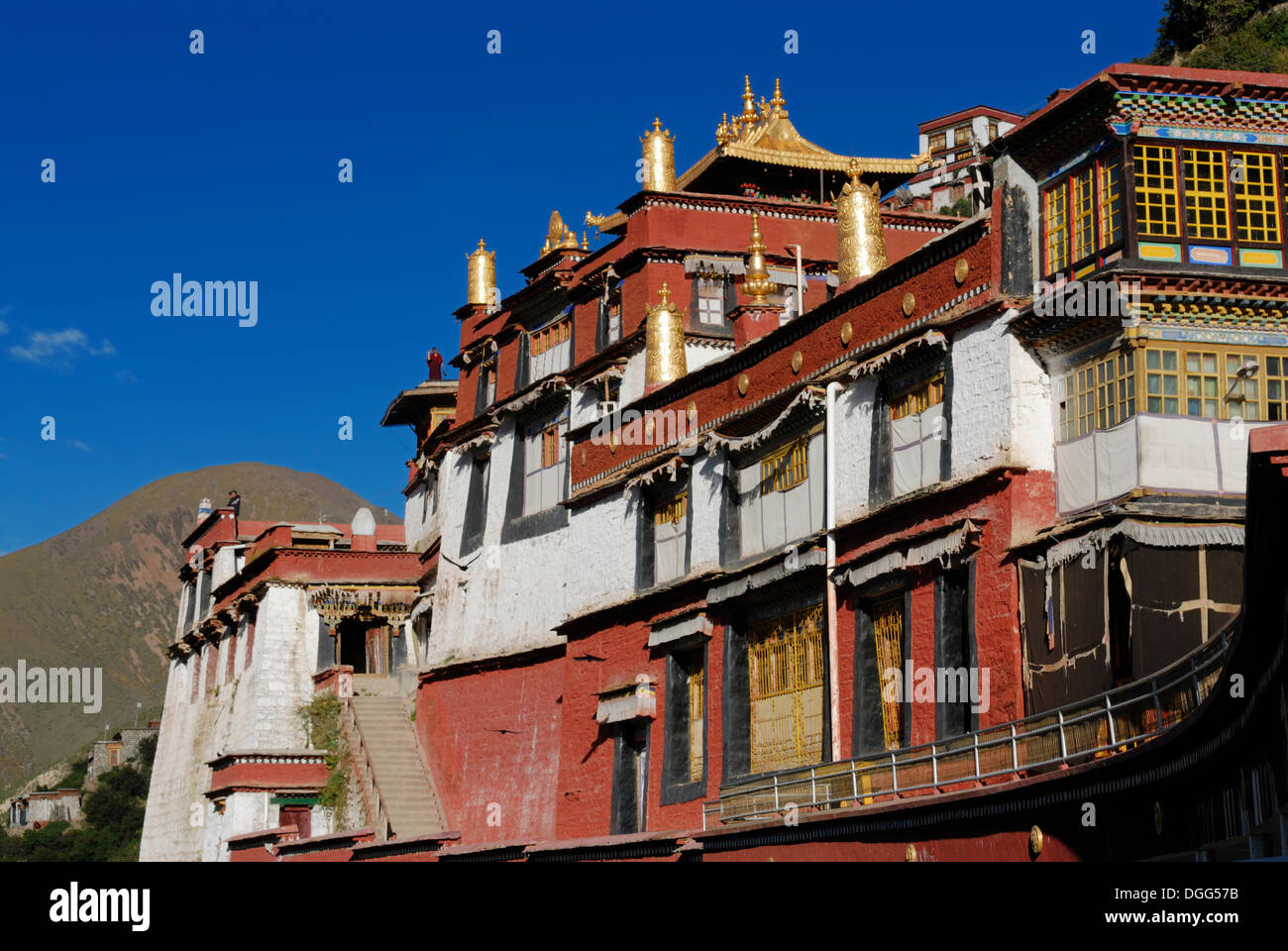 Di colore oro torrette, Drigung Til Monastero, Tibet, Cina e Asia Foto Stock