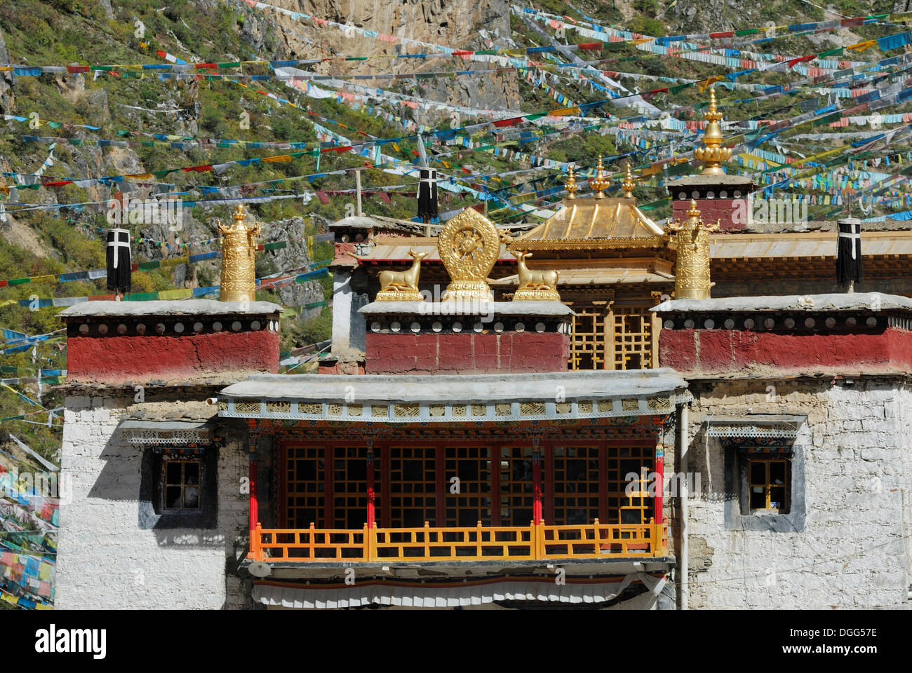 Di colore oro torri e tetti, Terdrom Convento, Tibet, Cina e Asia Foto Stock