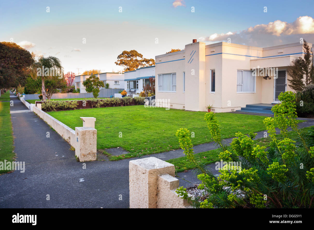 Marewa art deco sobborgo, Napier, Nuova Zelanda. Logan Avenue. Foto Stock