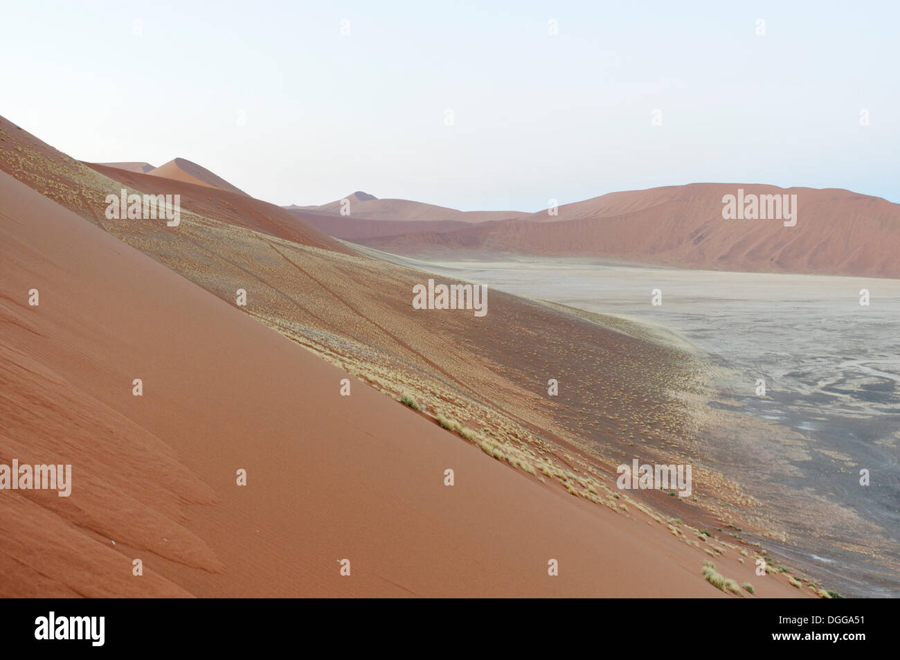 La mattina presto vista da Dune 45, il paesaggio del deserto con dune, Sossusvlei, Namib Desert, Namib Naukluft Park, Namibia Foto Stock