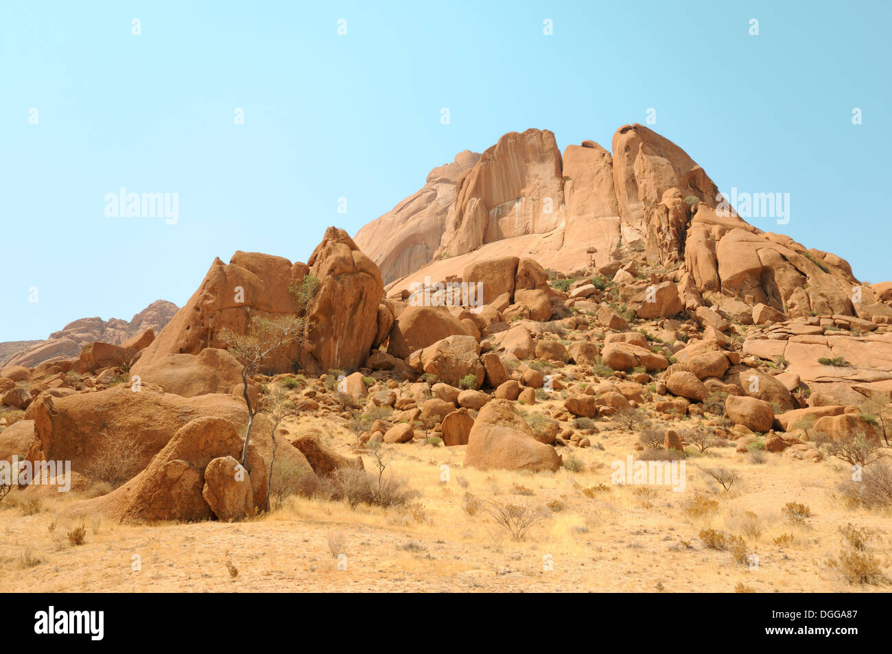 Savana paesaggio con rocce granitiche e montagna Spitzkoppe Große Spitzkuppe Riserva Naturale, Namibia Foto Stock