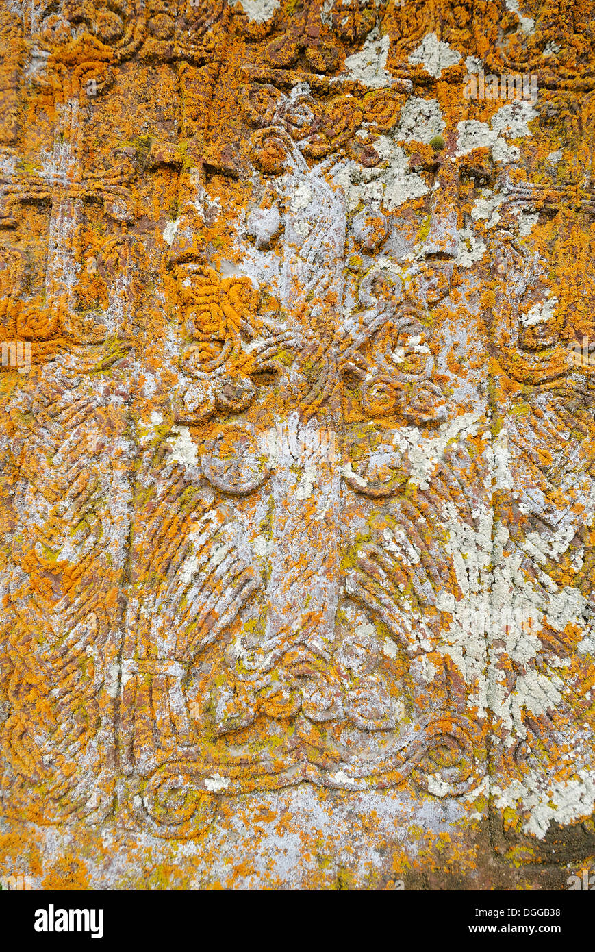 Coperte di lichene, storico tradizionale croce armena-pietra, khachkar, cimitero Noratuz al Lago Sevan, Armenia, Asia Foto Stock