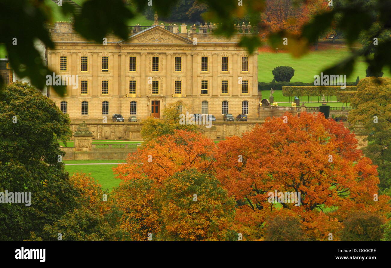 Derbyshire, Regno Unito. 21 ott. 2013. Wet Weather evidenzia i colori dell'autunno che indorare il parco che circonda la Chatsworth House nel cuore del Parco Nazionale del Peak District. Credito: Matthew Taylor/Alamy Live News Foto Stock