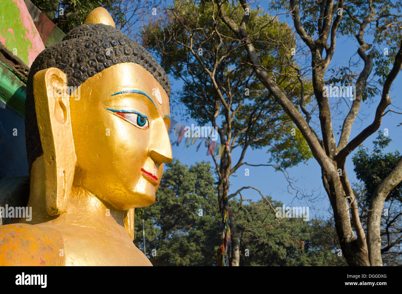 La testa di un Buddha scultura all'ingresso di Swayambhunath Stupa, Monkey Temple, Valle di Kathmandu, Kathmandu Foto Stock