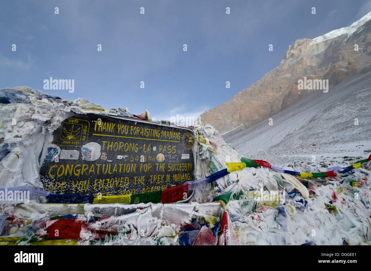 Thorong La Pass (5416 m), il punto più alto sul circuito di Annapurna, Thorong La, Regione di Annapurna, Nepal Foto Stock