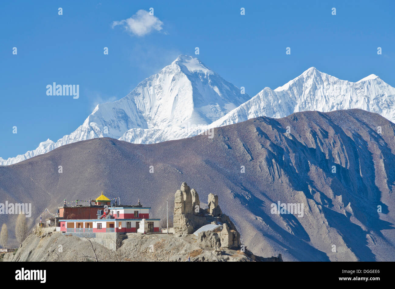 Montagna Dhaulagiri, 8167 m, Jhong Gompa in primo piano, visto da di Muktinath, Muktinath, Mustang inferiore, Nepal Foto Stock