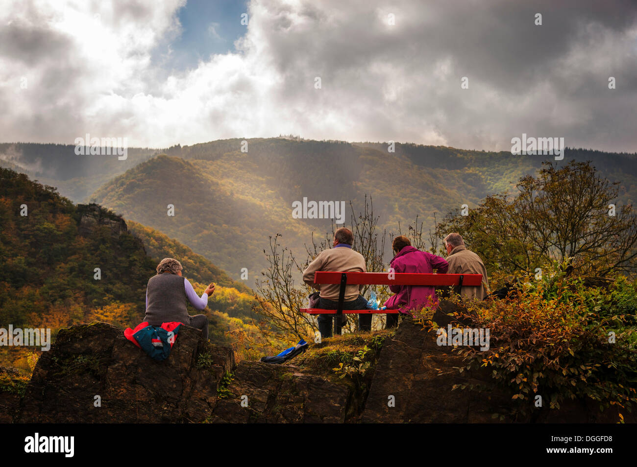 Quattro persone aventi una pausa su un banco di lavoro sul sentiero Rotweinwanderweg, Altenahr, Renania-Palatinato Foto Stock