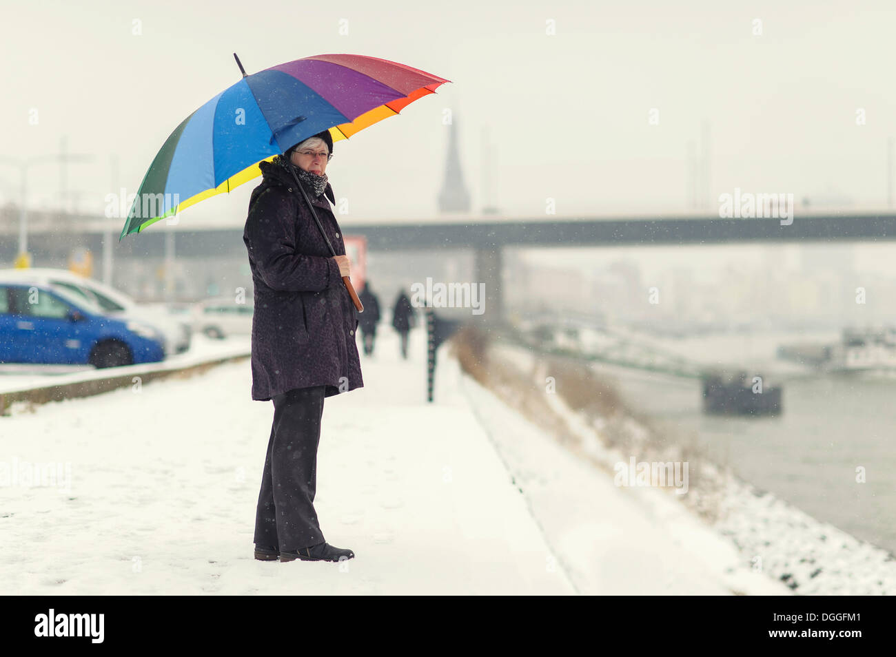 Donna in piedi con un ombrello coloratissimo in inverno sulla banca del fiume Reno, Düsseldorf, Renania Foto Stock