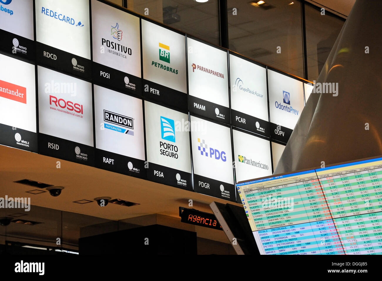 Loghi di elencate società brasiliane, centro visitatori di Bovespa, Sao Paulo Stock Exchange, Brasile, Sud America Foto Stock