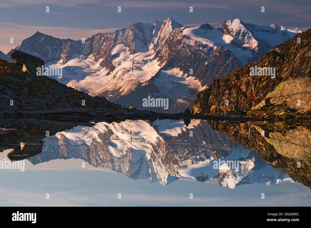 Montare Hochfeiler o Gran Pilastro, che si riflette in un piccolo lago, valle Zillertal in Tirolo, Austria, Europa Foto Stock