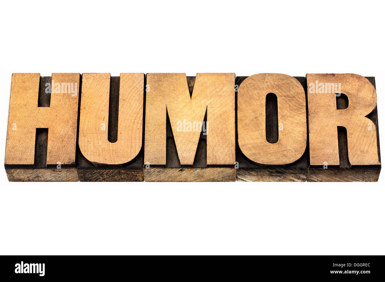 Umorismo word - testo isolato in rilievografia vintage tipo legno Foto Stock