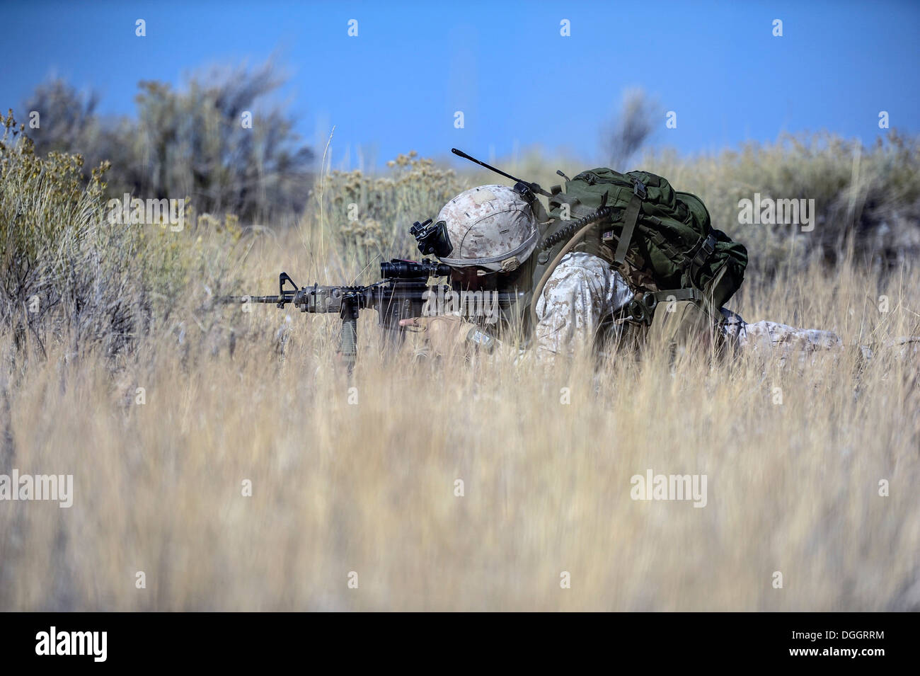 Un U.S. Marine dal 1° aria Naval spari Liaison Azienda bracci di supporto Liaison Team, che è stata la formazione nel deserto dell'Idaho poiché sett. 30, 2013, stabilisce incline a scansione per nemico attività al ginepro Butte bombardamento gamma mock villaggio vicino Mountain H Foto Stock