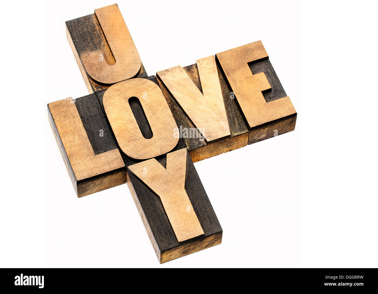 Amore e gioia il cruciverba - testo isolato in rilievografia vintage tipo legno Foto Stock