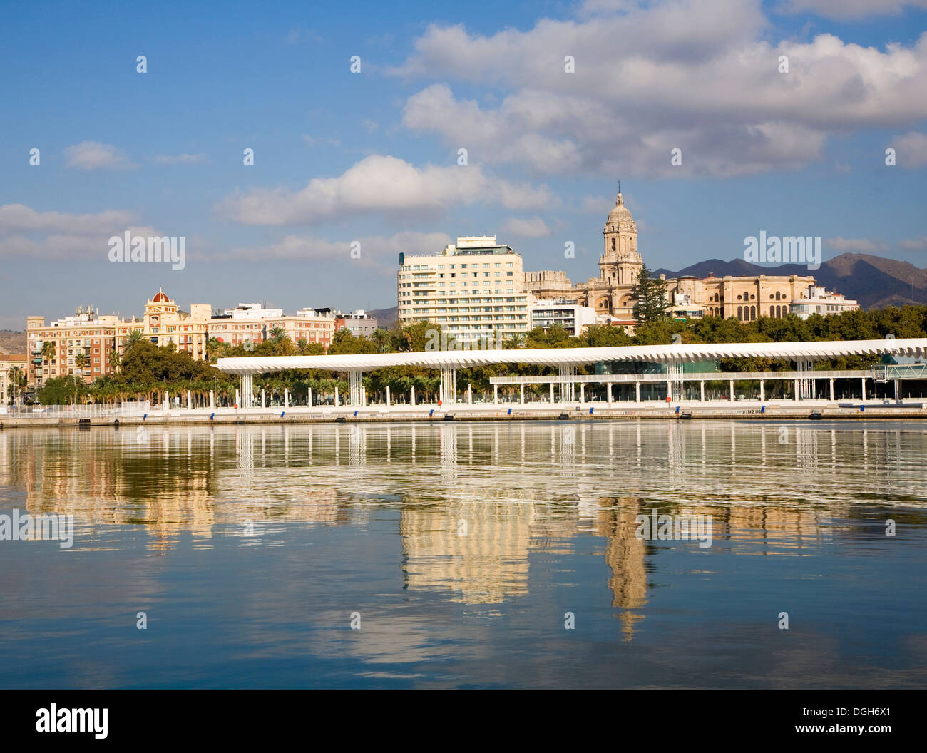 Vista sul porto nuovo Cruise Terminal di città e cattedrale Malaga Spagna Foto Stock