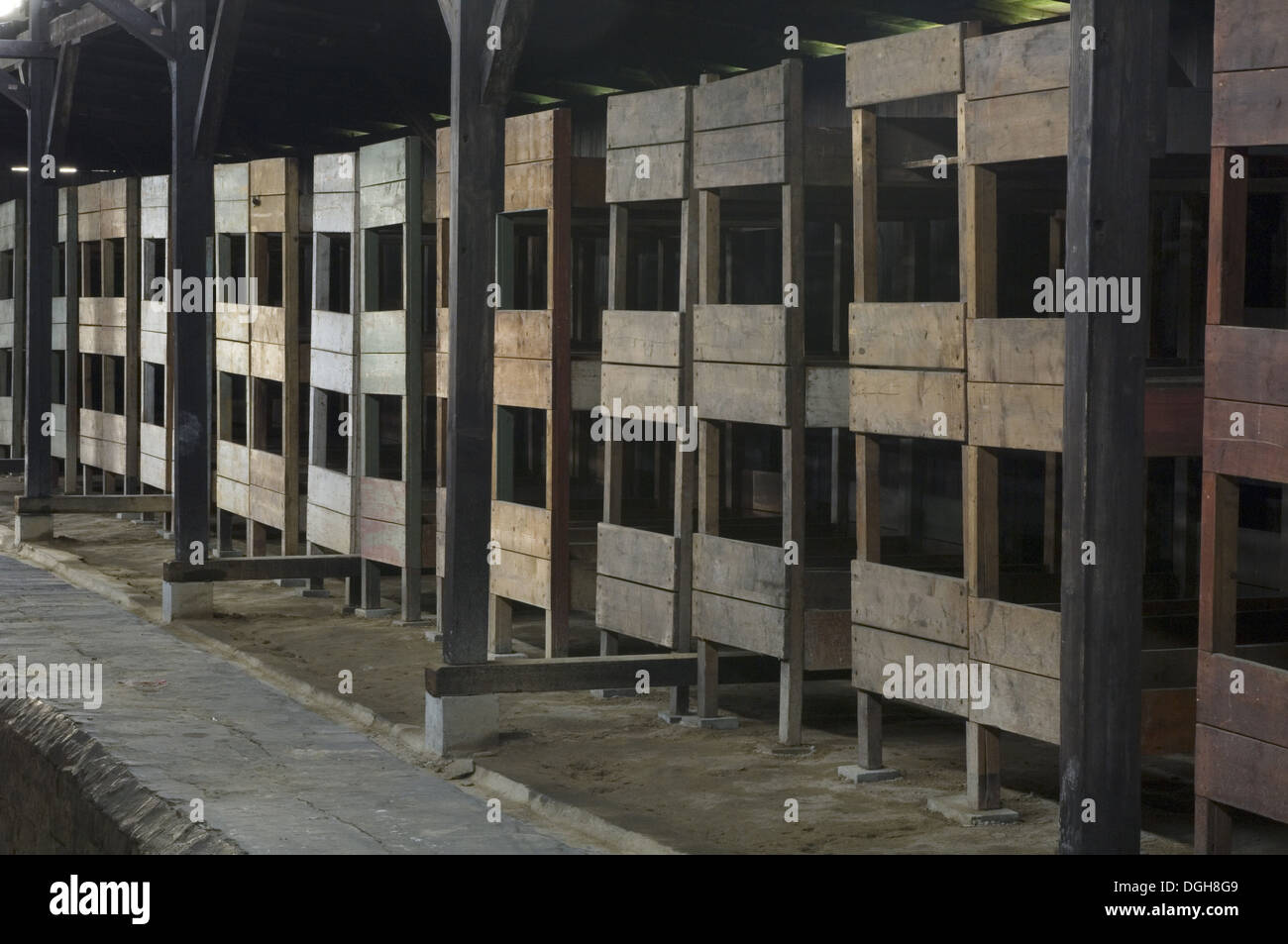 I letti all'interno di Prigioniero alloggiamento, in concentrazione e campo di sterminio di Auschwitz e Birkenau, Polonia Foto Stock