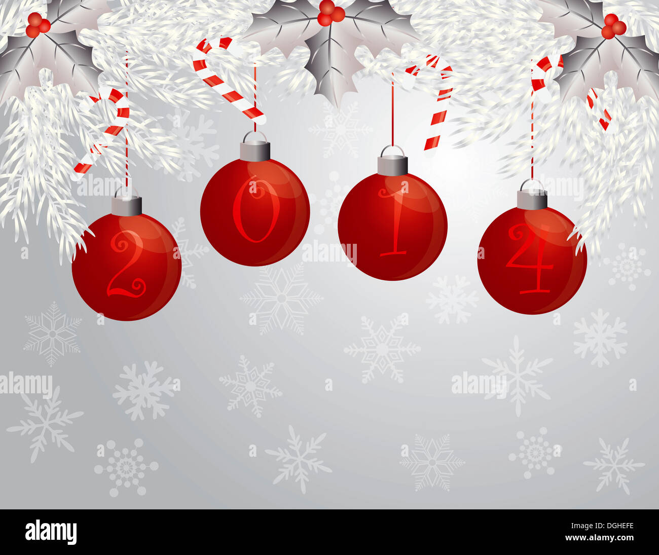 Felice Anno Nuovo Ghirlanda di Natale con 2014 Rosso Argento ornamenti Holly bacche e foglie di canna da zucchero candito illustrazione Foto Stock