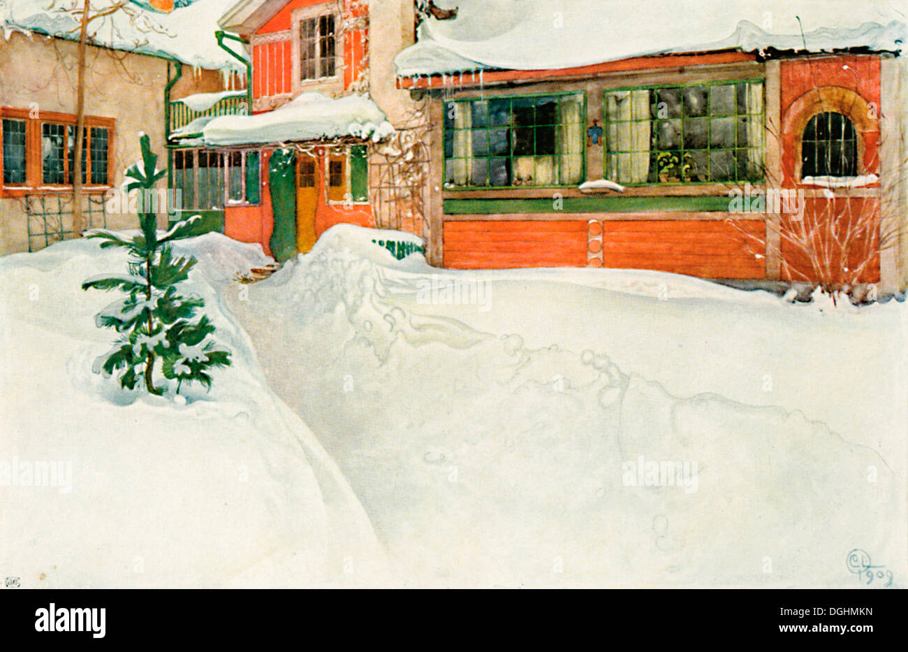 La piccola casa nella neve, storico illustrazione, Carl Larsson, lasciate che la luce in, Berlino, 1909, n. 25 Foto Stock