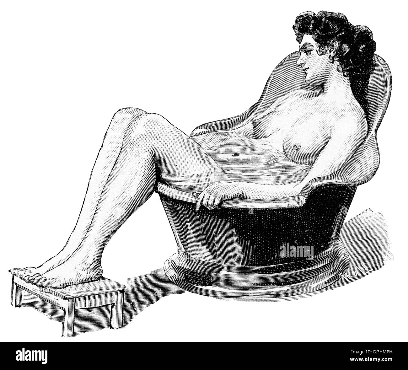 Donna incinta avente un bagno sitz, storico illustrazione da: Anna Fischer Dueckelmann, Donna come il medico di famiglia, Stoccarda Foto Stock