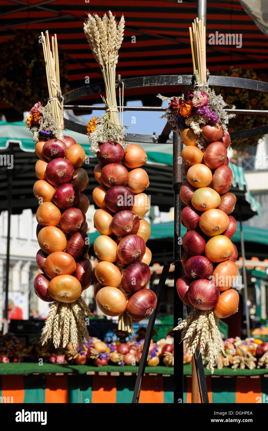 Trecce di cipolle e frumento, sulla Marktplatz square, Weimar, Turingia, Germania Foto Stock