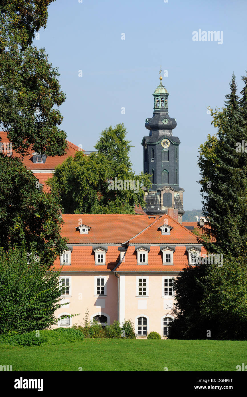 Ex residenza di Charlotte von Stein, di fronte alla torre della Stadtschloss, Palazzo di città, Weimar, Turingia, Germania Foto Stock