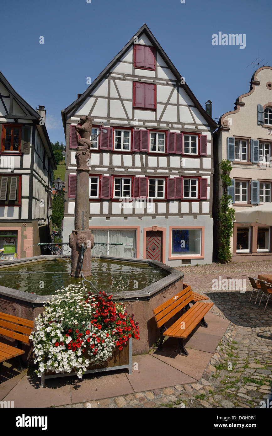 Heritage-protetti dalle facciate di tipiche case a graticcio e la fontana Stadtbrunnen sulla Marktplatz square, Schiltach Foto Stock
