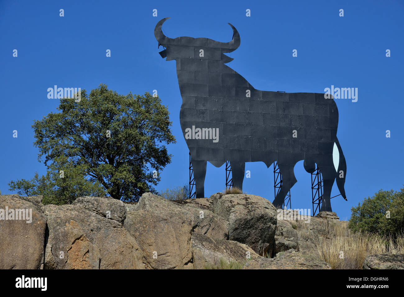 Osborne Bull, Toro de Osborne, Trujillo, Provinz Cáceres, Estremadura, Spagna Foto Stock