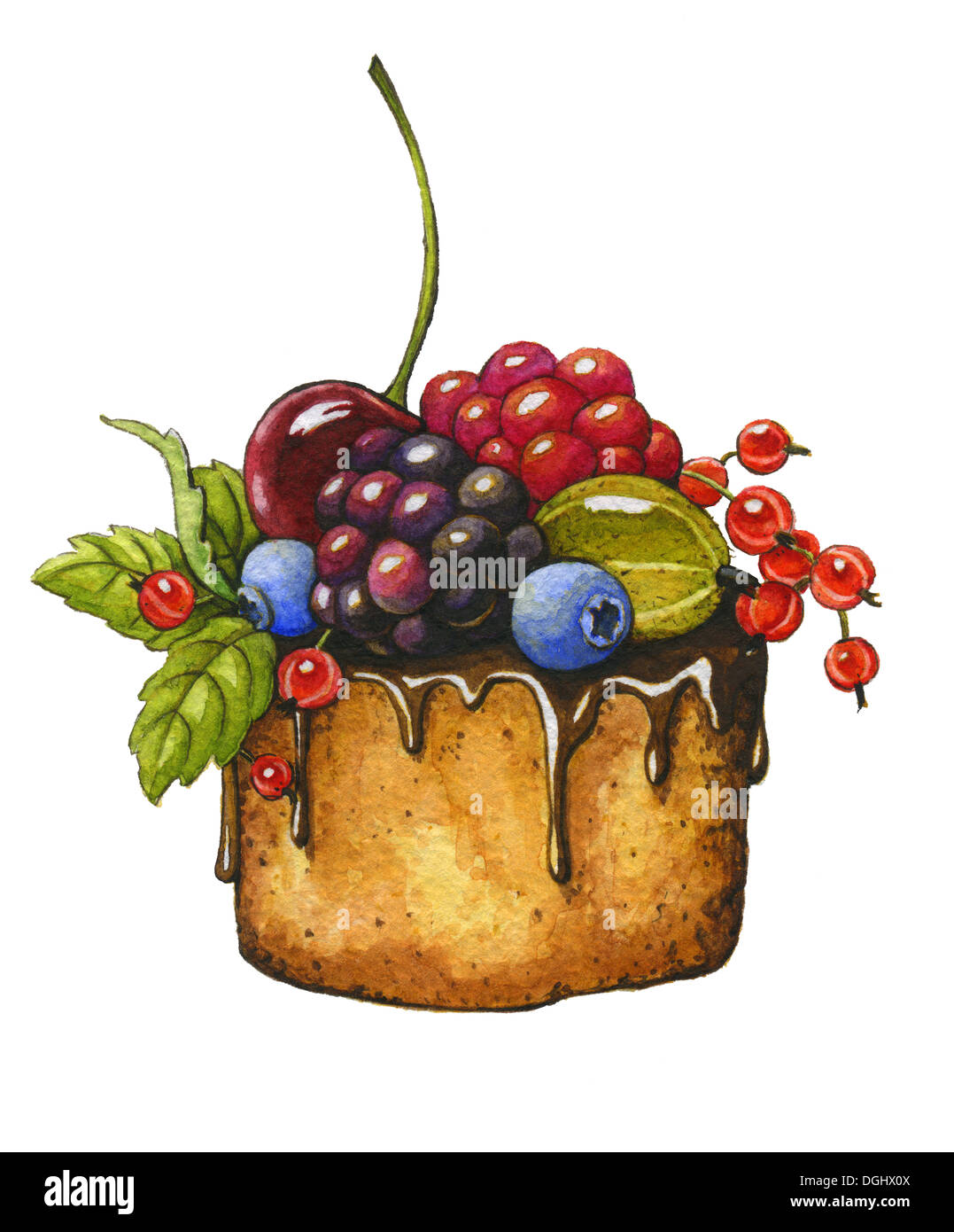 Berry la torta su uno sfondo bianco. Illustrazione ad acquerello Foto Stock