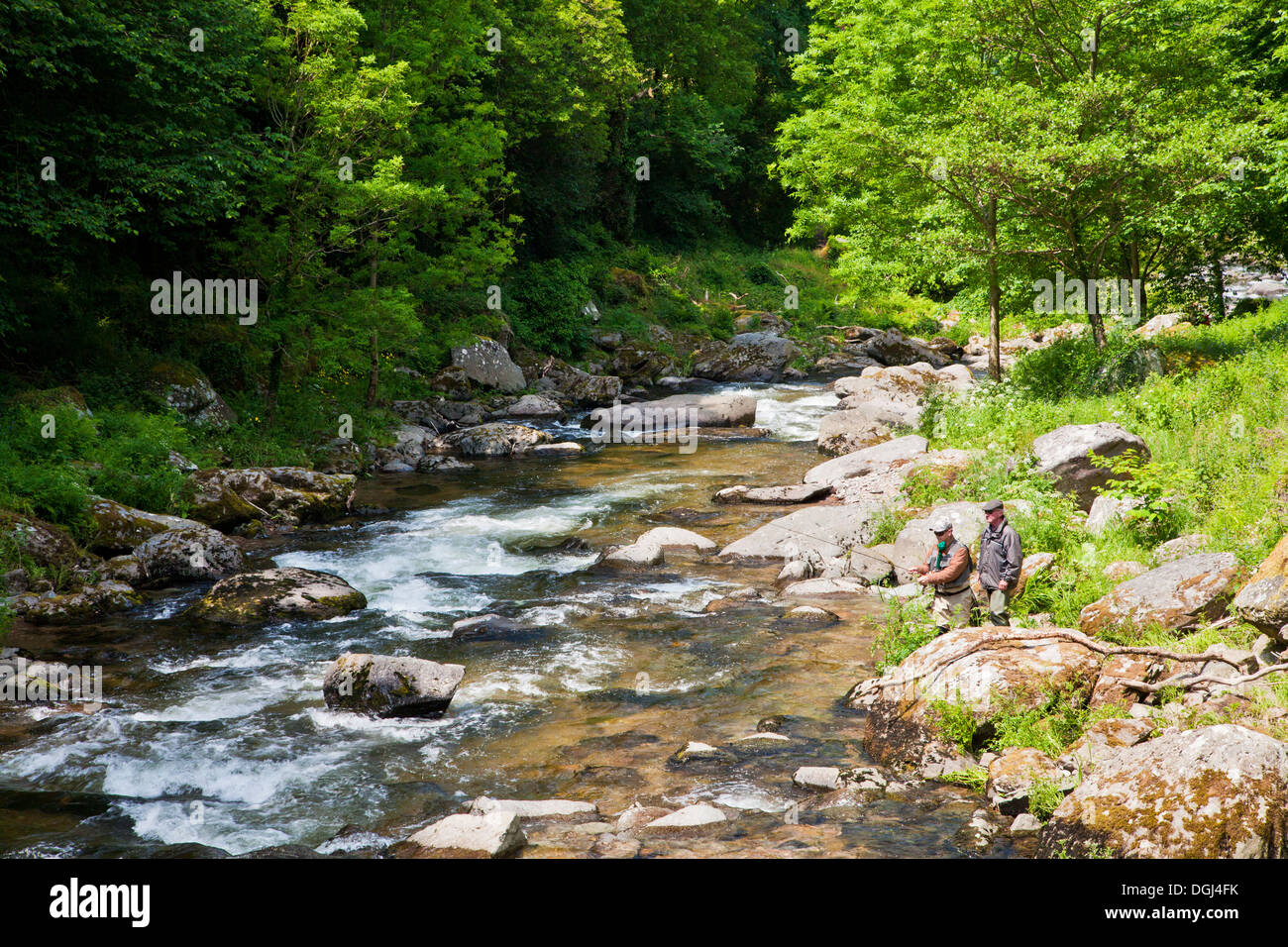 Due persone di mezza età pescatori pesca sportiva sulle rive del fiume Lyn nel Devon. Foto Stock