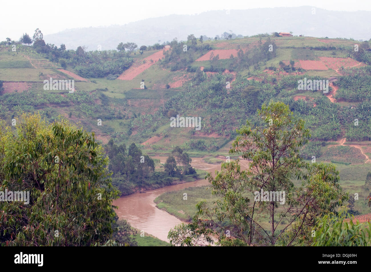 Fiume fangoso a Gitarama meandri attraverso il paesaggio fertile terra delle mille colline del Ruanda Africa centrale Foto Stock