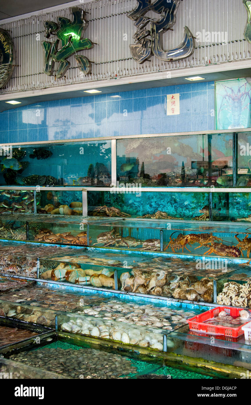 Serbatoi di vetro in un ristorante di pesce e di frutti di mare, Sai Kung, Nuovi Territori di Hong Kong, Hong Kong, Cina Foto Stock