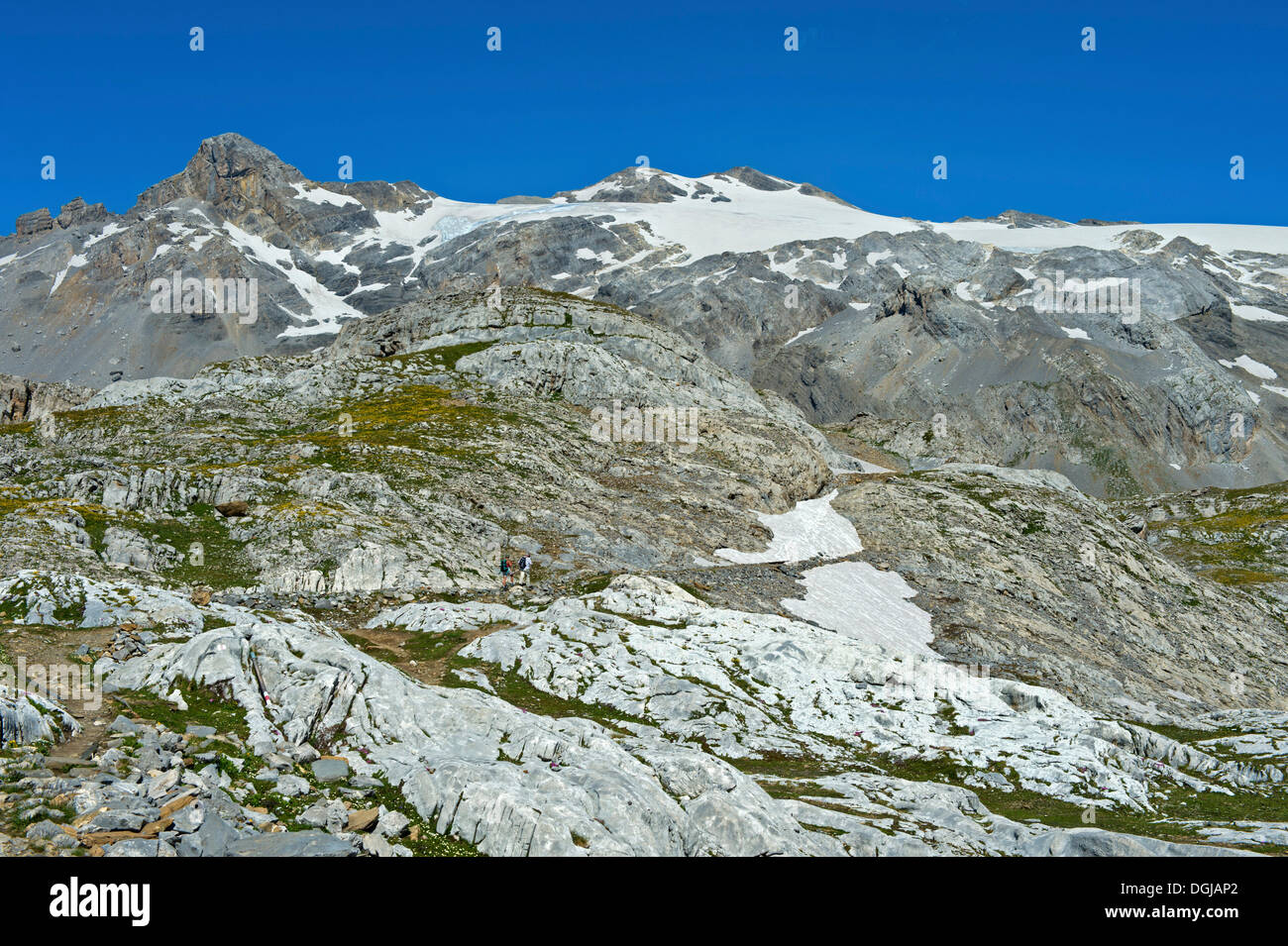 Gli escursionisti nel terreno roccioso sotto la cima della montagna Wildhorn, Alpi Bernesi, Canton Vallese, Svizzera Foto Stock