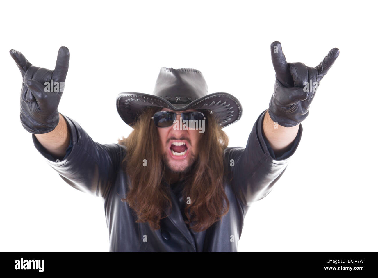 Hard rock fan in nero Cappotto di pelle Foto Stock