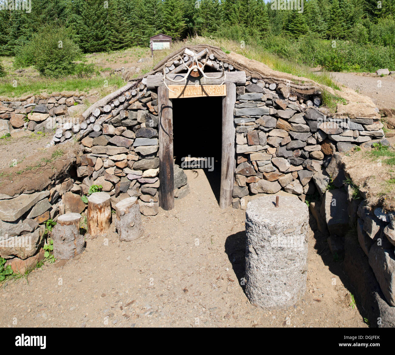 La ricostruzione di una capanna, reykholt, Islanda, europa Foto Stock