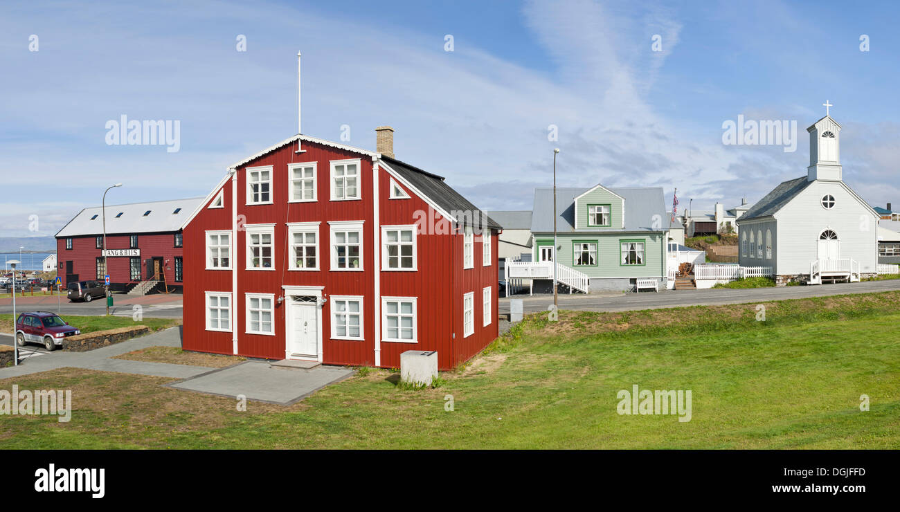 Vecchie case di legno, Stykkishólmur, Snaefellsnes, Snaefellsness, Islanda, Europa Foto Stock