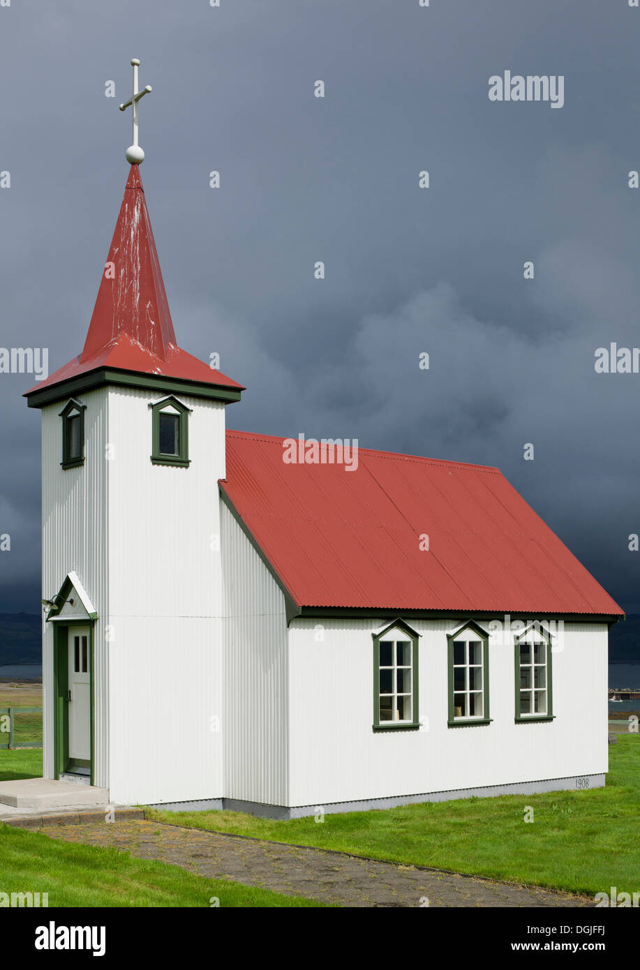 Chiesa di Brjanslækur, Westfjords o Fiordi Occidentali, Islanda, Europa Foto Stock