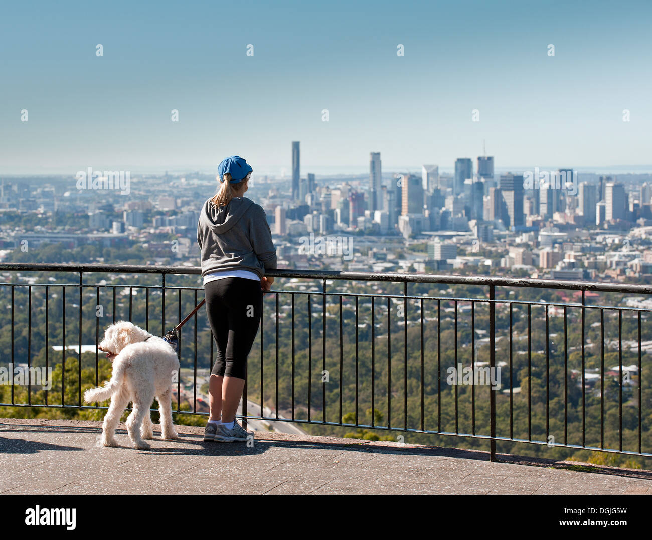 Una ragazza e il suo cane sulla cima di Mt Coot-Tha. Foto Stock