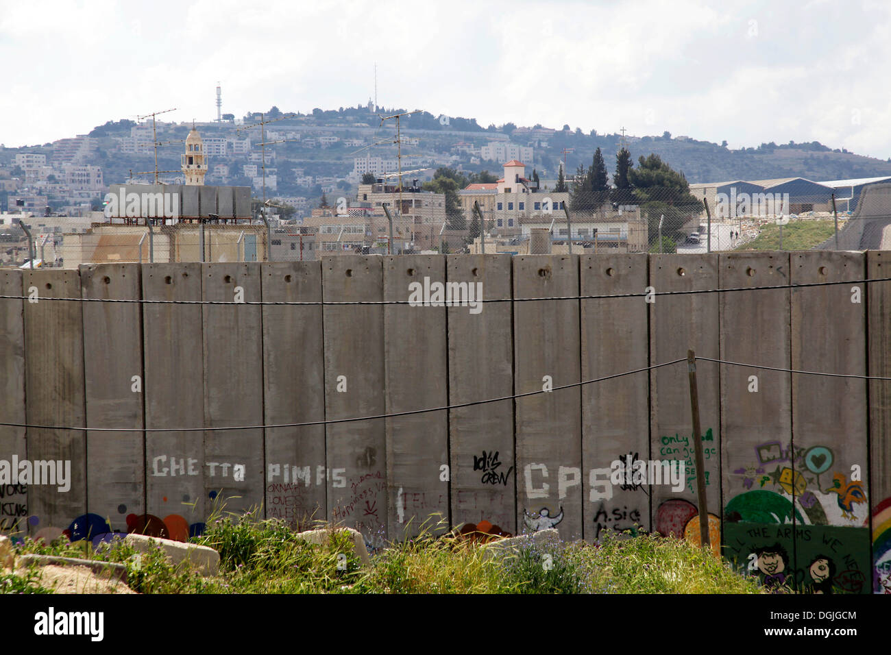 Parete con graffiti, palestinesi, tra Betlemme, West Bank e a Gerusalemme, Israele, Medio Oriente Foto Stock