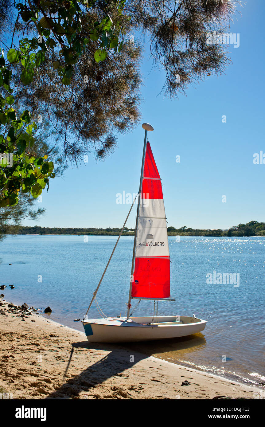 Un dinghy spiaggiata sulla banca del fiume di Maroochy nel Queensland. Foto Stock