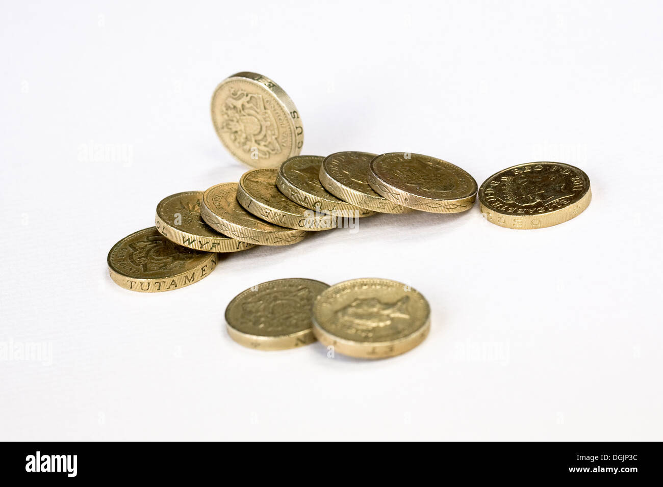 Un mucchio di GB Pound monete. Foto Stock