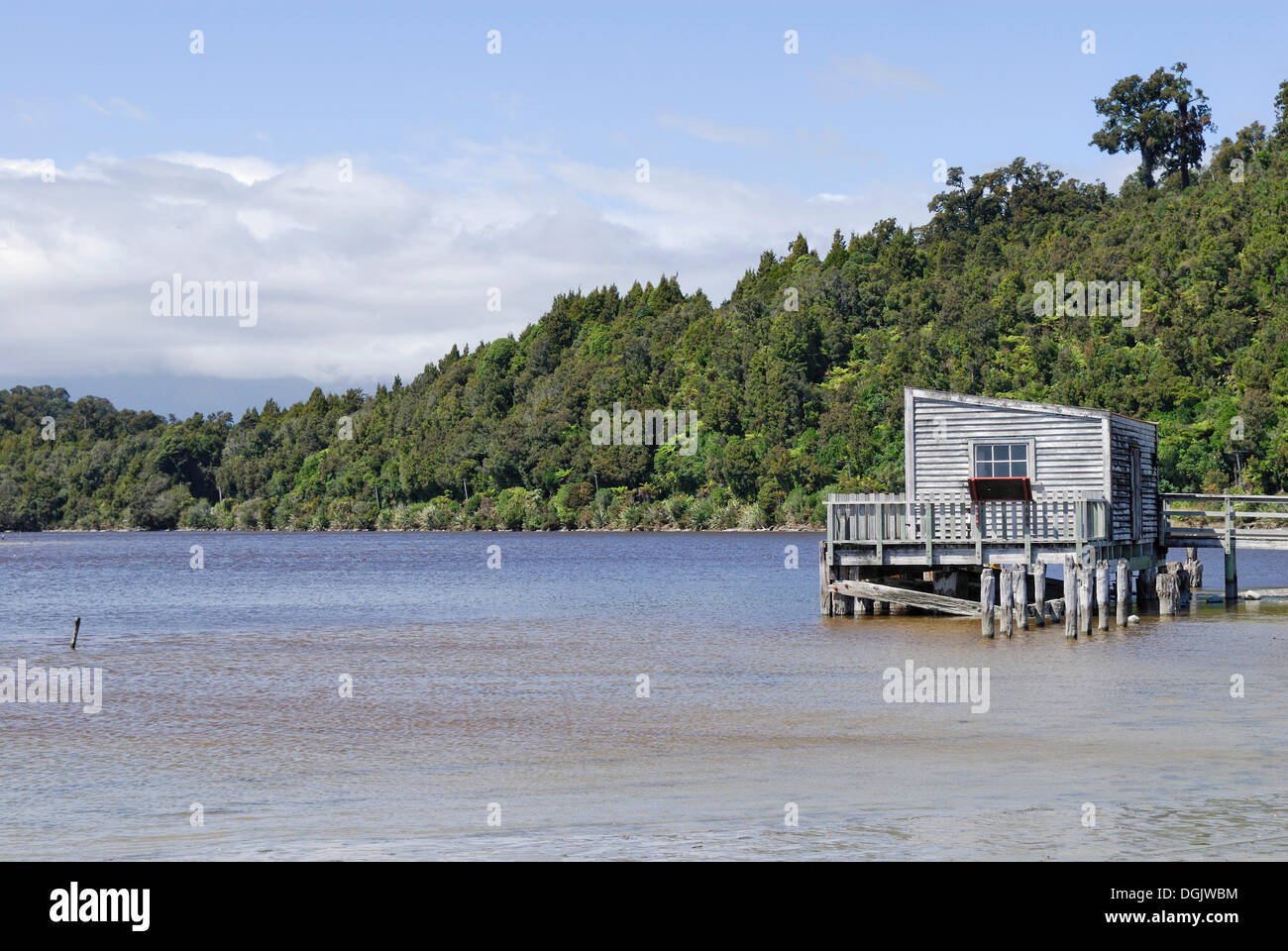 Okarito Pier, Okarito Laguna, West Coast, Mare di Tasman, Isola del Sud, Nuova Zelanda Foto Stock