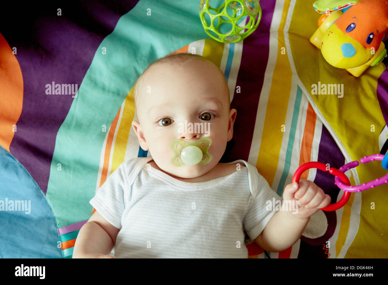 Bambino giacente sulla coperta succhiare il succhietto e giocare con i giocattoli Foto Stock