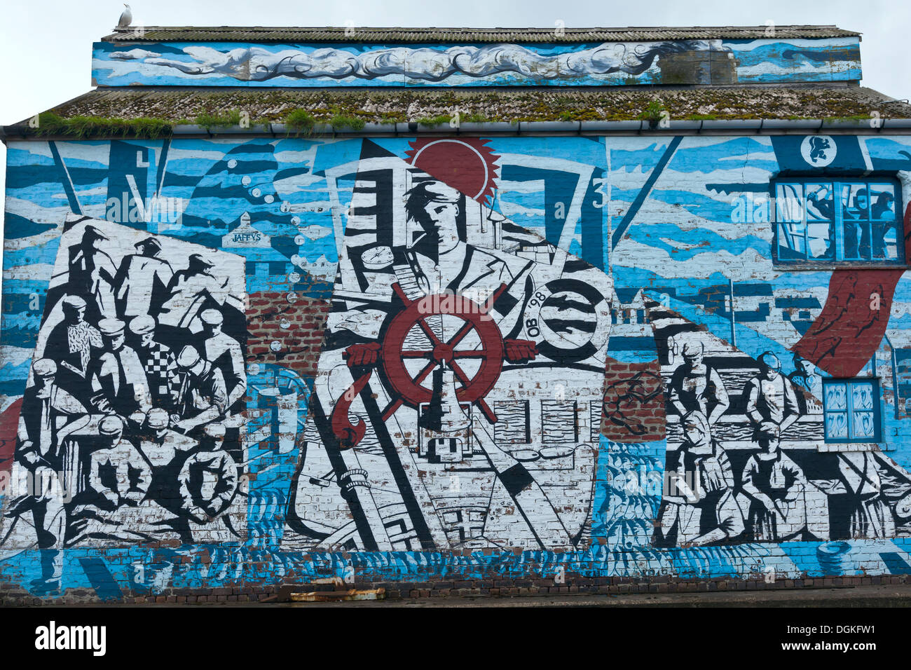 Street murale raffigurante le comunità di pescatori in Mollaig. Foto Stock